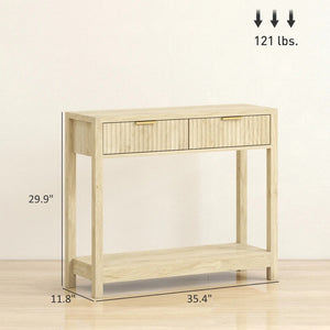 English Elm Narrow Console Table with Fluted Drawers Gold Pulls Open Shelf Entryway Storage T3971P415080
