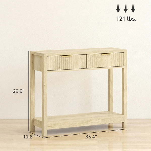 English Elm Narrow Console Table with Fluted Drawers Gold Pulls Open Shelf Entryway Storage T3971P415080