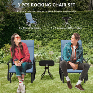 English Elm Outsunny 3-Piece Light Blue Glider Bistro Set With Glass Table For Cozy Outdoor Relaxation Space W2225P174317-GIGA