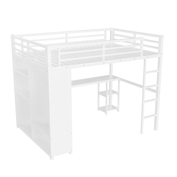 English Elm Queen Size Loft Bed Frame With Wardrobe, Desk & Storage Shelves - Modern Metal Design In White W1580S00123-GIGA