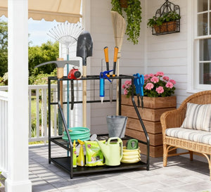 English Elm Multi-purpose Metal Garden Tool Rack Three Tier Corner Storage for Shed or Garage T3971P425435