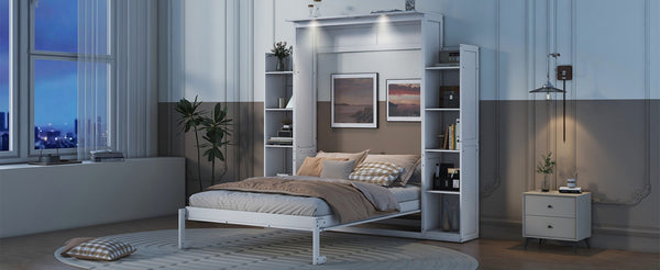 English Elm Full Size Murphy Wall Bed with Led Lighting Open Shelves Space Saving Cabinet White LP000694AAK-2