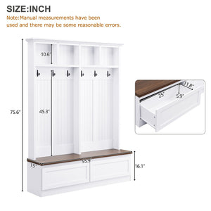 English Elm Rattan Door Hall Tree Bench with 6 Hooks Farmhouse Entryway Storage White+Walnut N721S000076K
