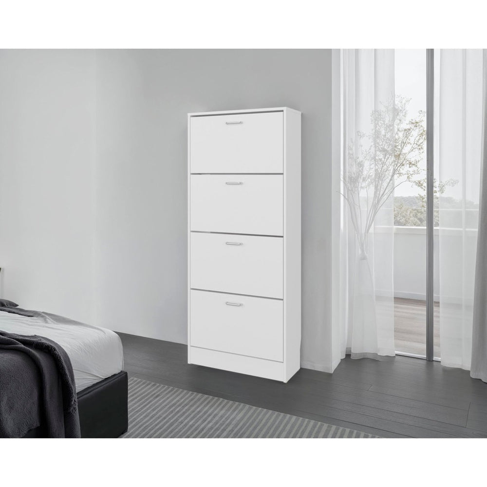 English Elm White Slim Vertical Shoe Cabinet Four Doors Entryway Storage Melamine Finish B062P486515