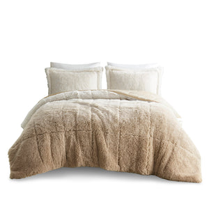 JLA Home Intelligent Design - Ombre Plush Shaggy Faux Fur Comforter Mini Set — Luxe ombre texture, hypoallergenic, machine-washable cozy layering Natural ID10-2254