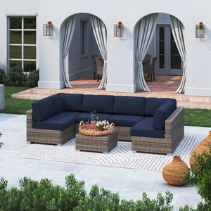English Elm All-Weather Wicker 7-Piece Outdoor Sectional Sofa Set With Premium Cushions - Effortless Comfort & Style B120S00092