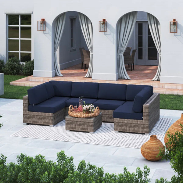 English Elm All-Weather Wicker 7-Piece Outdoor Sectional Sofa Set With Premium Cushions - Effortless Comfort & Style B120S00092