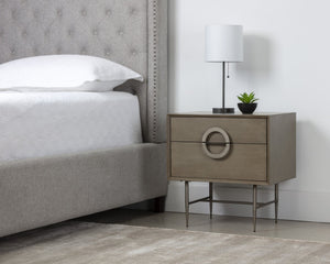 Sunpan EMERY Nightstand - Handcrafted Antique Silver Accents with Ash Grey Finish & Soft-Closing Drawers 104099