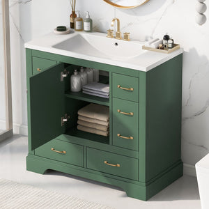 English Elm 36" Modern Bathroom Vanity with Ceramic Sink, Six Drawers, Adjustable Shelf, Solid Wood Build Green SY999808AAF-6
