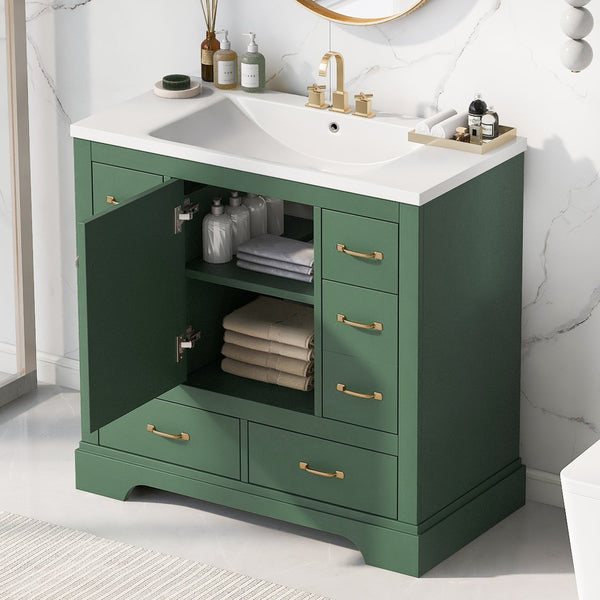 English Elm 36" Modern Bathroom Vanity with Ceramic Sink, Six Drawers, Adjustable Shelf, Solid Wood Build Green SY999808AAF-6