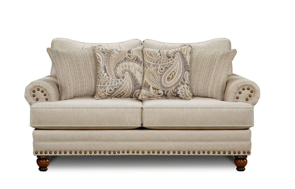 Fusion Cary's Doe Elegant Beige Loveseat With Nailhead Trim & Versatile Pillows For Stylish Comfort Beige S,100% Polyester 2821 Cary's Doe Loveseat