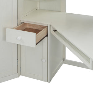 English Elm Twin Loft Bed with Wardrobe Desk Charging Station and Spotlights for Small Rooms Beige White LT000450AAK