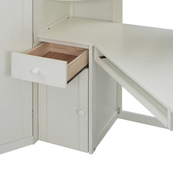 English Elm Twin Loft Bed with Wardrobe Desk Charging Station and Spotlights for Small Rooms Beige White LT000450AAK