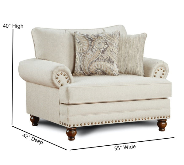 Fusion Cary's Doe Elegant Loveseat With Nail Head Trim, Flared Arms & Versatile Pillows In Beige Beige S,100% Polyester 2822 Cary's Doe Chair 1/2