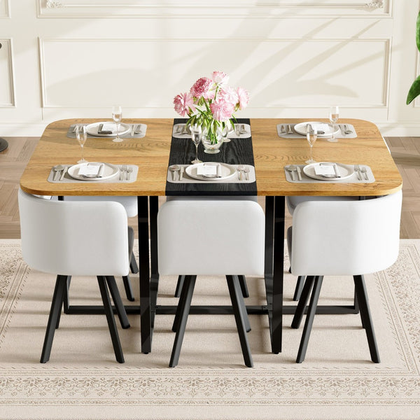 English Elm 7-piece Rectangular Dining Set Two-tone Wood Tabletop with Six Leather Chairs Seats W3875S00128