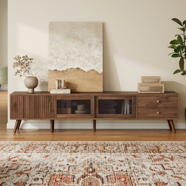 English Elm 76" Modern Minimal TV Stand with Waveform Glass Doors, Soft-Close Drawers, Cable Management, Solid Wood Legs (Fits TVs up to 85") N710P298234P