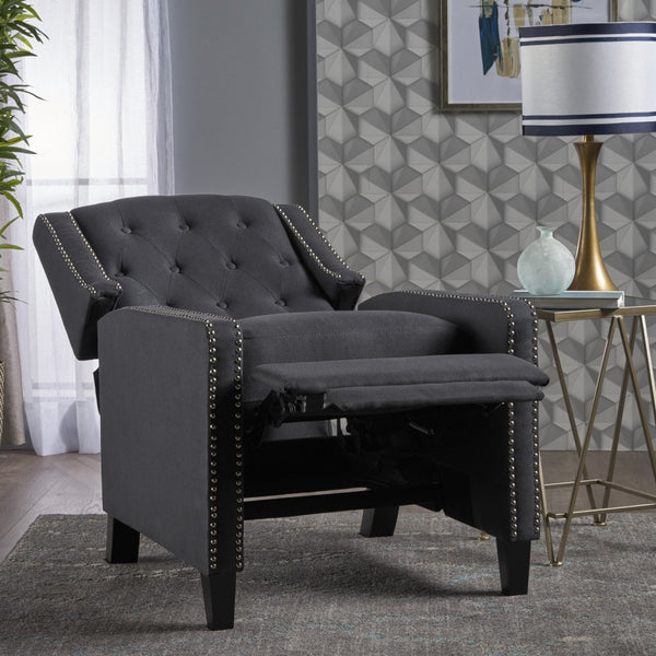 English Elm Classic Club Chair in Dark Grey Fabric with Birch Legs and Push Back Recline 61371.00