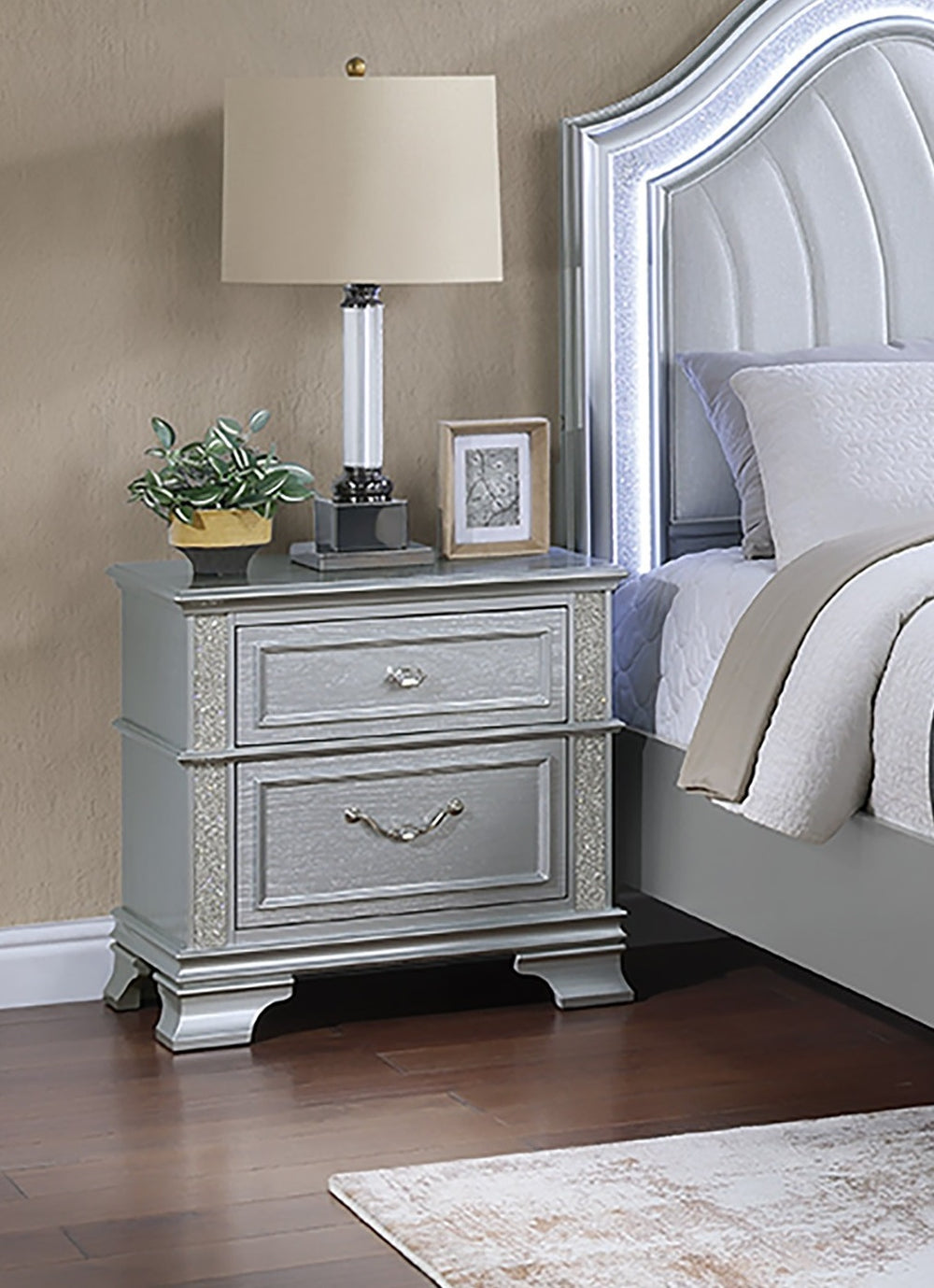 English Elm Elegance Gray Glitter Nightstand with Crystal Knob & 2 Drawers – Modern Storage Accent 26x17x26" B011P308559