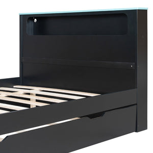 English Elm Full Size Wood Platform Daybed with Trundle Desk Rgb Led Lighting Gaming Bedroom Black+Blue LT000284AAC