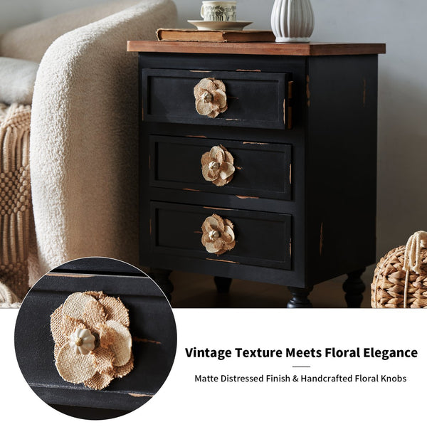 English Elm Vintage Farmhouse End Table with Floral Knobs 3-Drawer Rustic Nightstand Solid Wood Accents Antique Black,Walnut W3306P318870