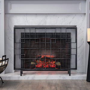 English Elm Christopher Knight Home® - FIRE Dorothy Modern Single Panel Iron Screen with Geometric Mesh Shield — Elegant Hearth Protection Black+Silver 65178.00BLKSILV