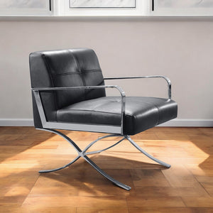 Homeroots 31" Black Leather And Steel Lounge Chair   282522
