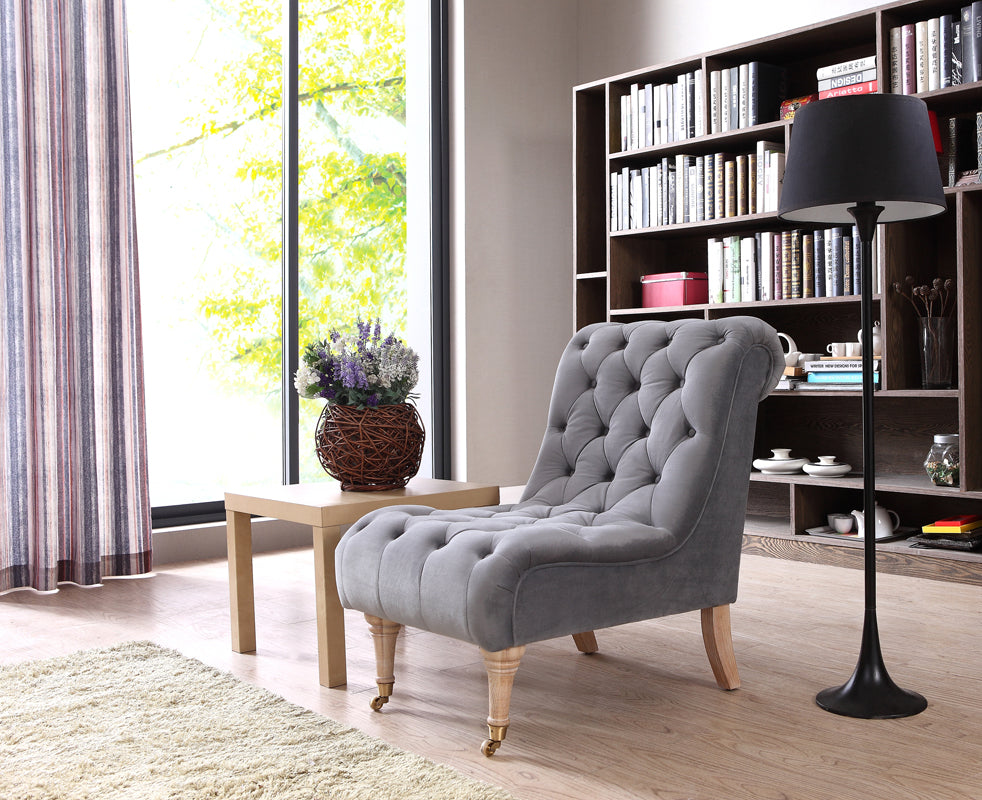 Homeroots 36" Grey Foam  Wood  And Velour Tufted Accent Chair   282529