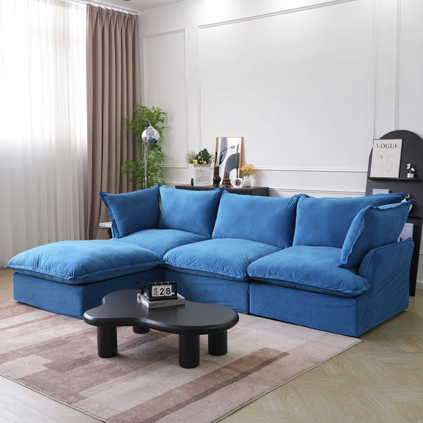 English Elm Sky Cloud Sectional Sofa with Cloud-Like Comfort, Modular L-Shaped Velvet Seating, Removable Covers, Storage Ottoman Blue B341S00022