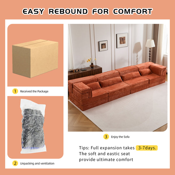 English Elm Compression Mahjong Sofa: Cozy Modular Floor Bed With Memory Foam & 4 Pillows, No Assembly, Orange W3723S00030