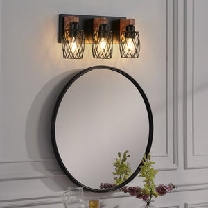 English Elm 18" Industrial Vintage 3-Light Wall Sconce Black Cage with Walnut Wood Accents for Bath Hallway W2312P374837