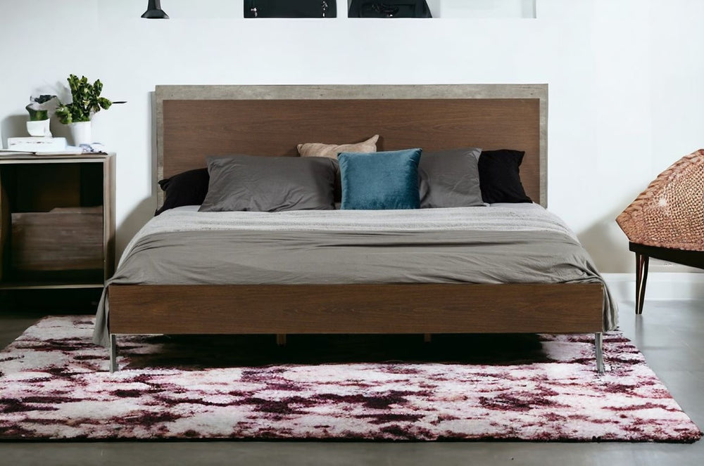 HomeRoots Modern Dark Walnut & Concrete Queen Bed - Stylish Industrial Design with Solid Support & Finish 282691
