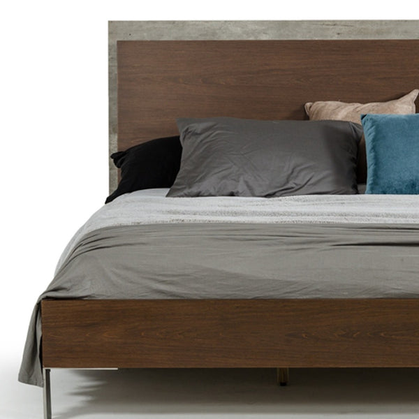 HomeRoots Modern Dark Walnut & Concrete Queen Bed - Stylish Industrial Design with Solid Support & Finish 282691