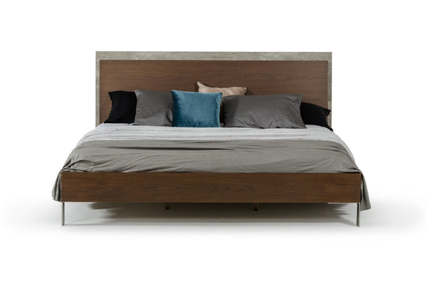 HomeRoots Modern Dark Walnut & Concrete Queen Bed - Stylish Industrial Design with Solid Support & Finish 282691