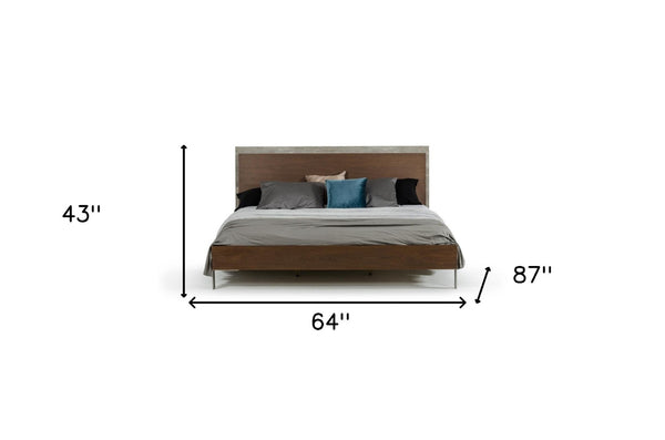 HomeRoots Modern Dark Walnut & Concrete Queen Bed - Stylish Industrial Design with Solid Support & Finish 282691