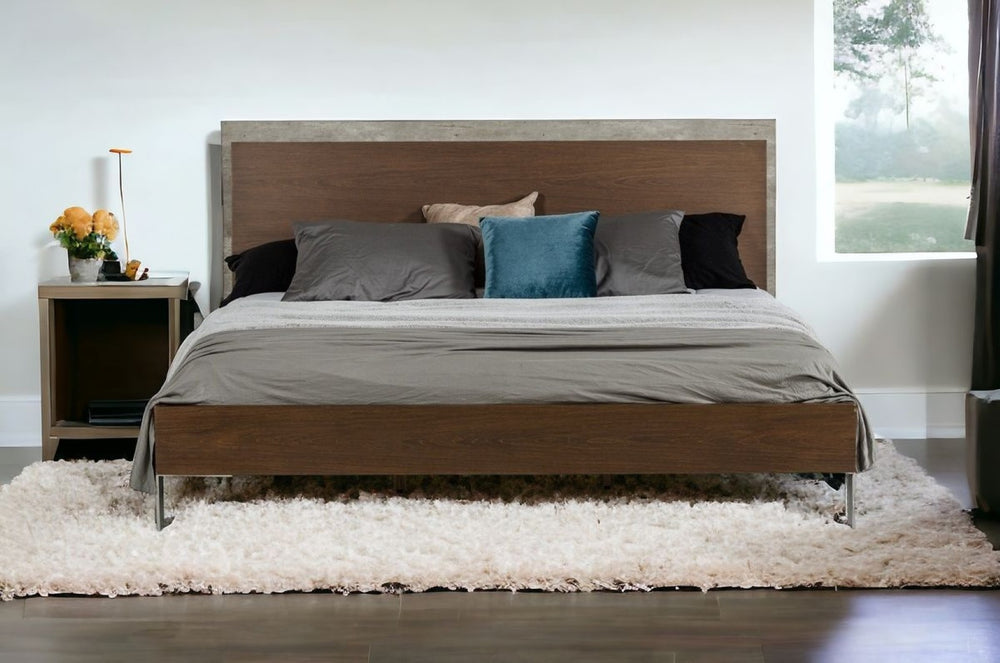 HomeRoots Modern Eastern King Bed in Dark Walnut & Concrete – Stylish, Durable Design for Contemporary Spaces 282693