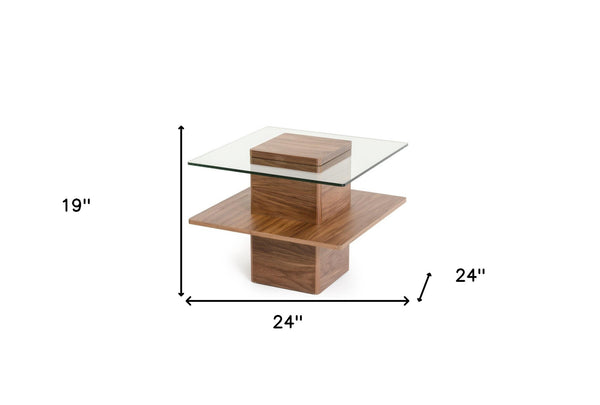 Homeroots 19" Walnut Veneer And Glass End Table   282745