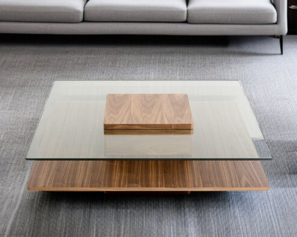 HomeRoots 39" Modern Clear Glass and Brown Wood Pedestal Coffee Table with Shelf for Stylish Storage Solutions 282747