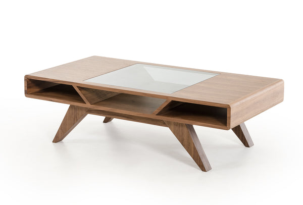 Homeroots 15" Walnut Wood  Veneer  And Glass Coffee Table   282813