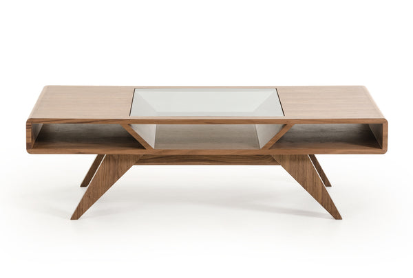 Homeroots 15" Walnut Wood  Veneer  And Glass Coffee Table   282813