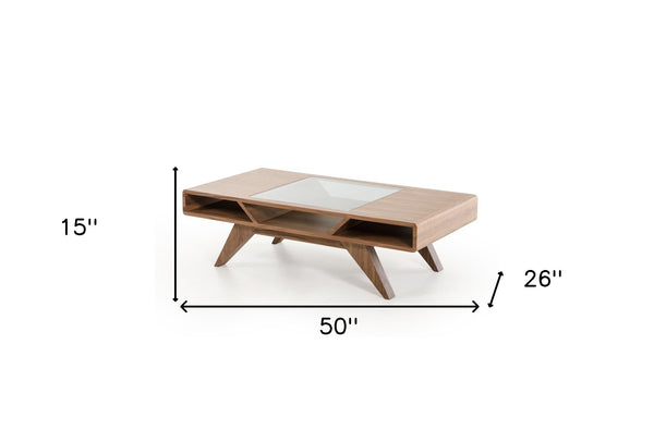 Homeroots 15" Walnut Wood  Veneer  And Glass Coffee Table   282813