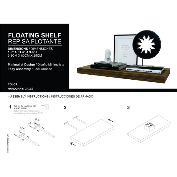 English Elm Mahogany Recessed Floating Shelf 31.5" Wide Set for Books & Decor, Minimalist Warm Gales Finish Elegance B062P252135