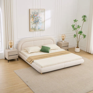 English Elm King Curved Velvet Upholstered Low Profile Platform Bed Sculpted Headboard Modern Beige W5632P452160