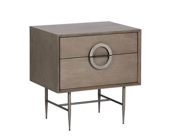 Sunpan EMERY Nightstand - Handcrafted Antique Silver Accents with Ash Grey Finish & Soft-Closing Drawers 104099