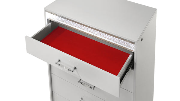 English Elm Glam High-Gloss 5-Drawer Chest with Crystal Detail & LED Lighting, Lacquer Finish, Spacious Storage B009P243215