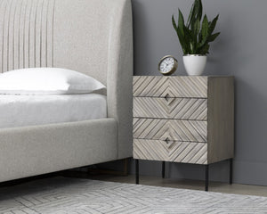 Sunpan NOEMI Nightstand - Handcrafted Grey Mango Wood with Black Steel Base, Exotic Four-Drawer Storage Solution 107342