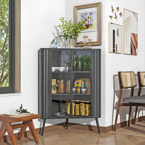English Elm Modern 3-Tier Corner Storage Cabinet Antique Black Steel with Tempered Glass Doors, Space-Saving Organizer W3122P272936