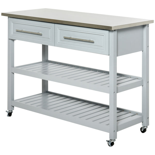 English Elm Homcom Rolling Kitchen Island With Stainless Steel Top, 2-Tier Storage, Drawers & Casters In Light Gray W2225P217369