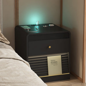 English Elm Nightstand Smart Bedside Cabinet with Led Strip Charging Station and Voice Night Light Black W1321P413943