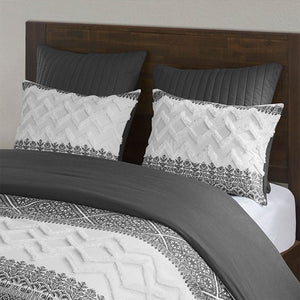 English Elm King/Cal King Mila 3-Piece Cotton Duvet Cover Set with Chenille Tufting, Gray Botanical Chevron Design, Button Closure, Machine Washable B03596502
