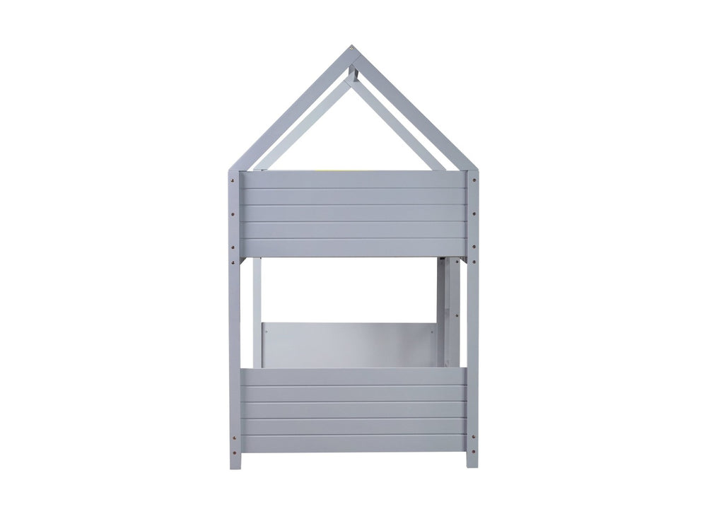 English Elm Twin House Floor Bunk Bed With Guardrails, Ladder & Headboards - Stylish Light Grey Rubber Wood Design W504P227969-GIGA